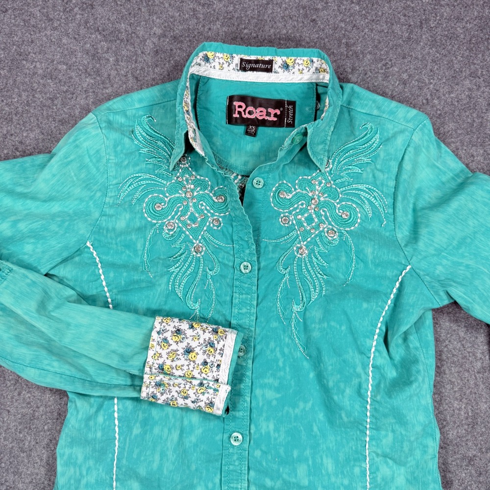Roar Signature Teal Green Embroidered Rhinestone Western Shirt XS WW50511